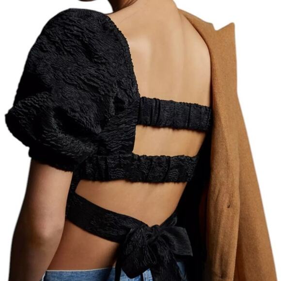 ASTR The Label Tassia Jacquard Puff Sleeve Tie Back Black Top SZ L NWT Romantic - Picture 1 of 14